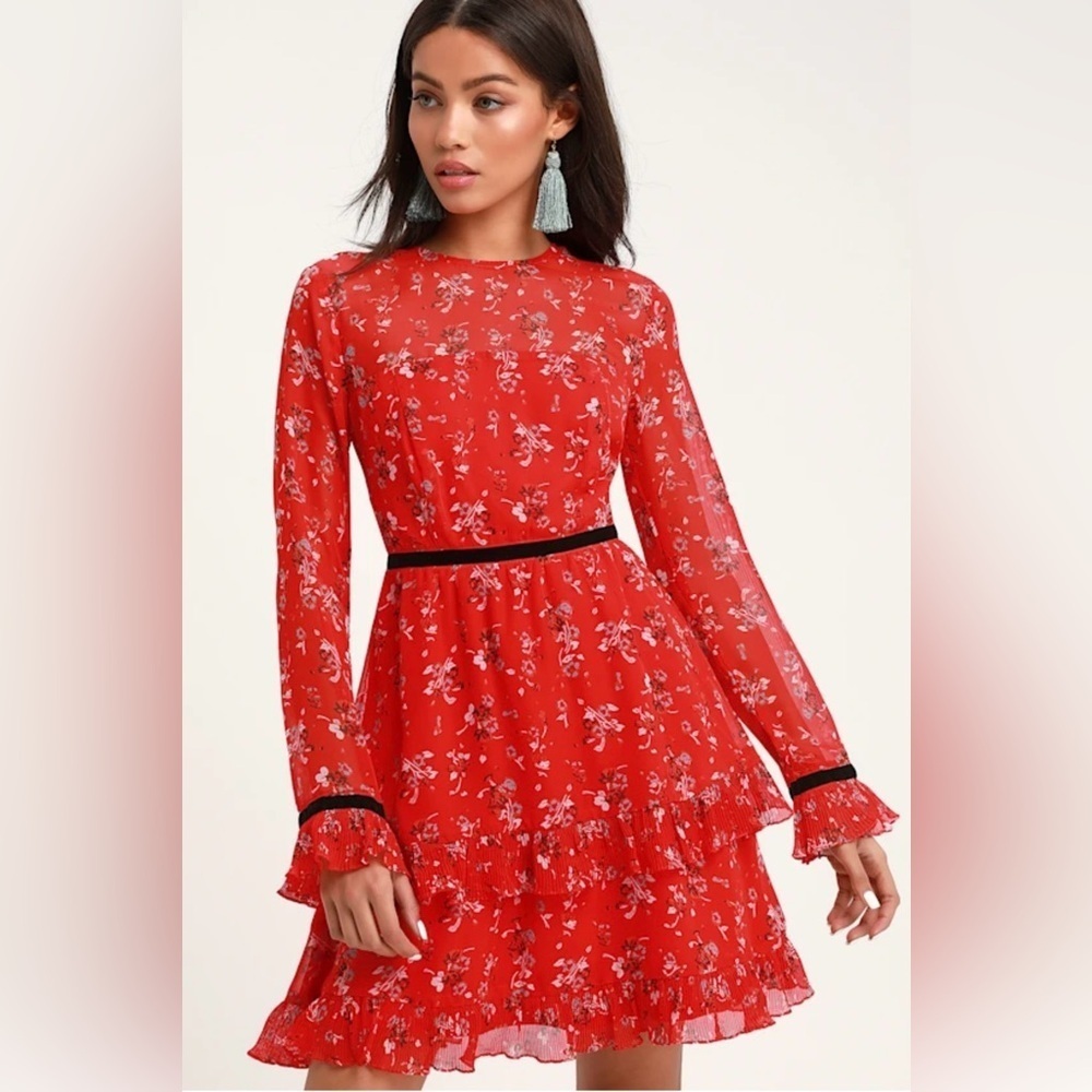 NWT Lulus Floral to See Red Floral Print Long Sleeve Mini Dress Size Small